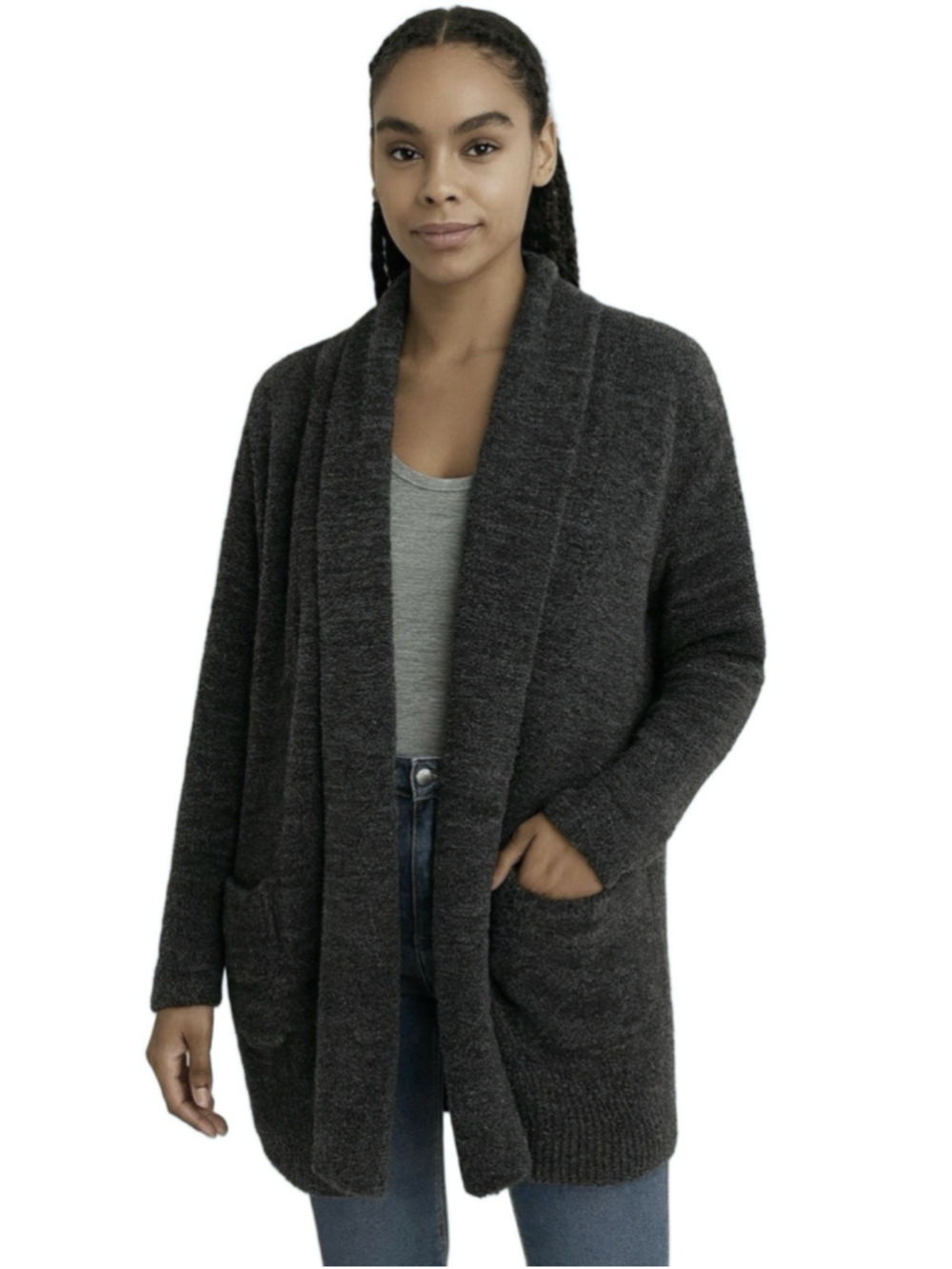 Barefoot Dreams CozyChic Open Front Cardigan Sz 1X Charcoal Soft Knit Sweater